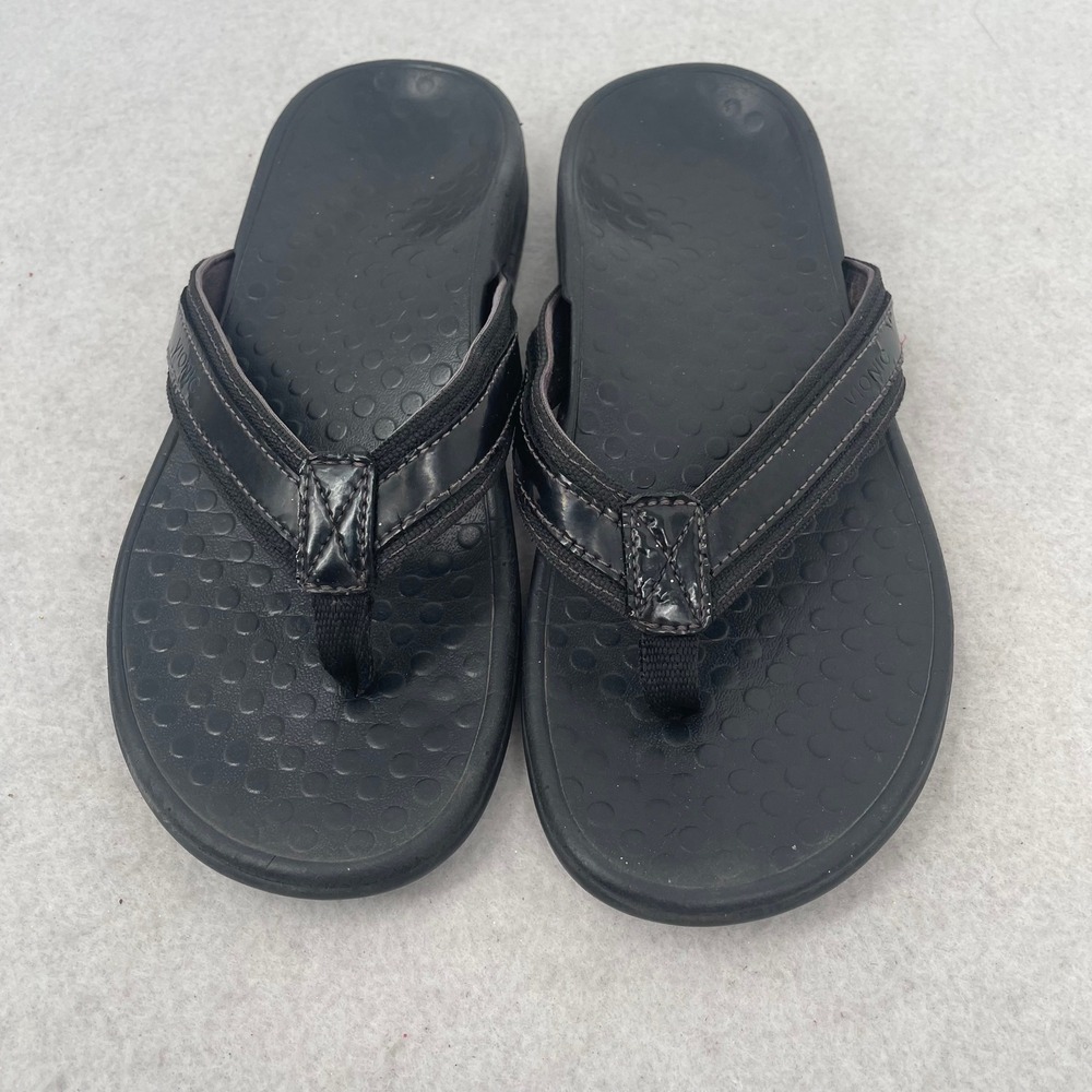 Vionic Tide II Black Leather Orthotic Flip Flop Sandals Women's Size 8